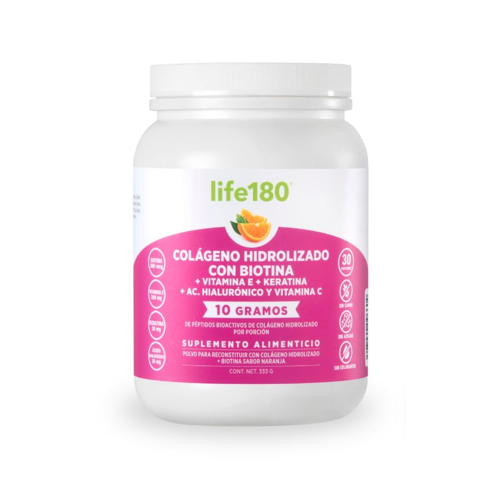 Life180 Colágeno Hidrolizado con Biotina y Vitamina E Sabor Naranja, Pack de 2 - Biotina - 333 g
