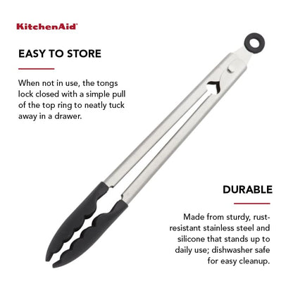 KitchenAid KO094OHOBA Pinzas gourmet de acero inoxidable, 10.83 pulgadas, ónix negro