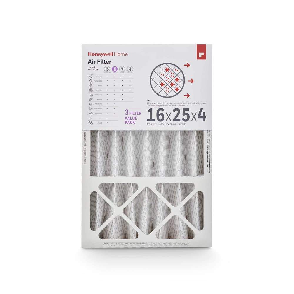 Honeywell Home 16x25x4 MERV 8, filtro de aire para horno de CA, paquete de 3 (CF408F1625-3PKAM) (dimensiones reales: 15.6 x 24.7 x 4.3 pulgadas)