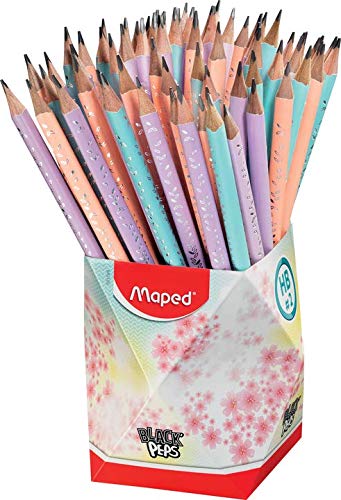 Maped HB #2 Black'Peps - Lápices de grafito pastel con borrador - Forma ergonómica - Bote con 72 lápices pastel - Menta, Rosa y Lavanda