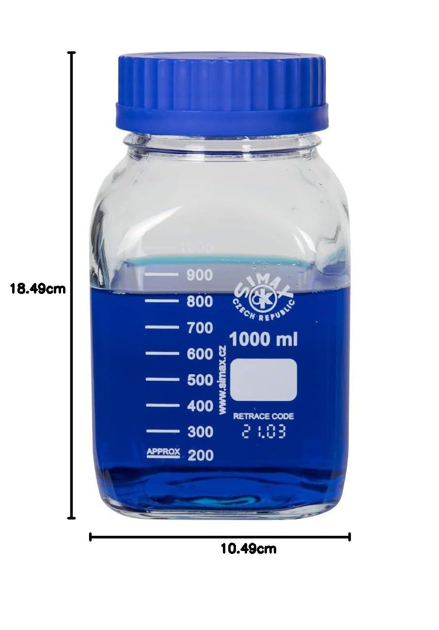 United Scientific™ SIMAX BSWM1000 GL80 - Botellas de almacenamiento de boca ancha, cuadrado, vidrio de borosilicato 3.3, 1000 ml (1 l), 1 cada una