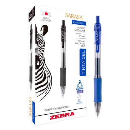 Zebra Bolígrafo Sarasa Punta 0.7 mm, Tinta Gel, Caja 6 Piezas - Azul