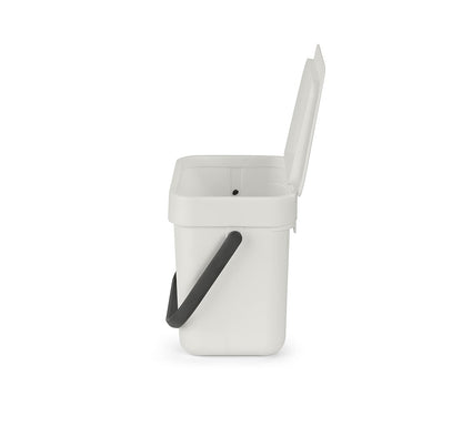 Brabantia Sort & Go - cubeta de basura para alimentos (0.8 gal/gris claro) pequeño para encimera de cocina con mango y tapa extraíble, fácil de limpiar