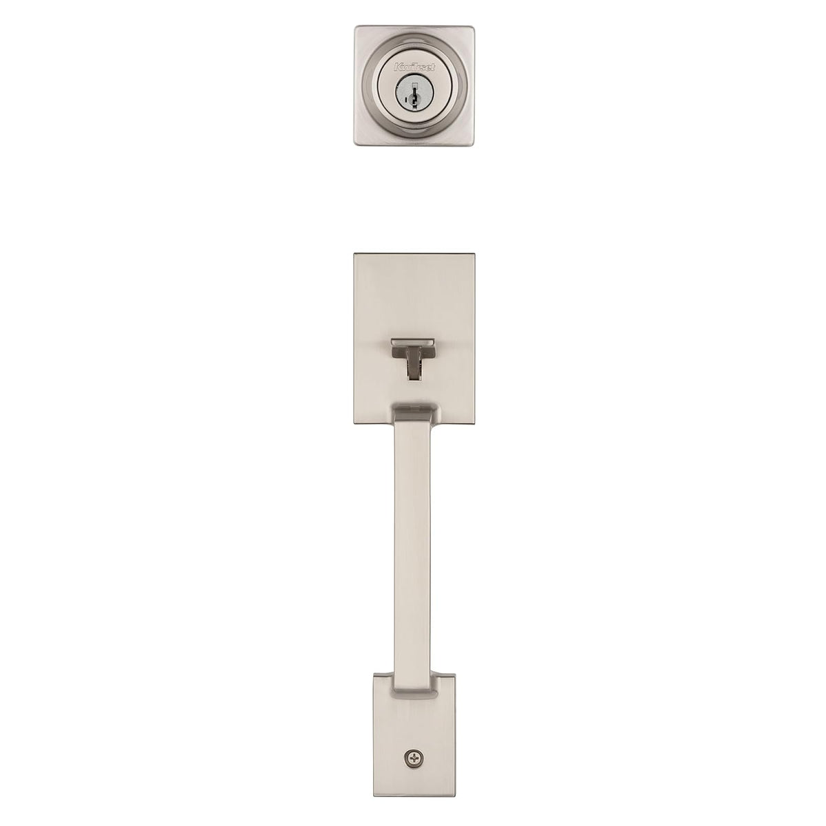 Kwikset Amador - Juego de manija y cerrojo para puerta delantera, mango de entrada exterior con palanca reversible Casey, níquel satinado, seguridad SmartKey Rekey resistente a las púas, con