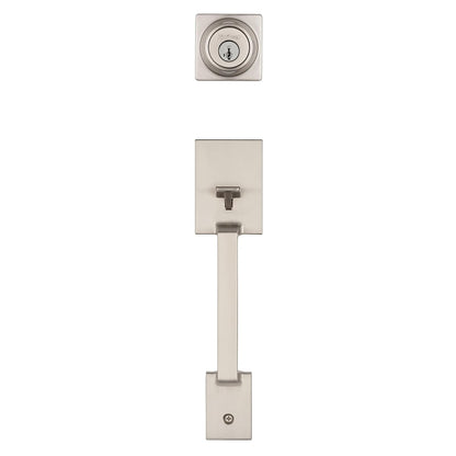 Kwikset Amador - Juego de manija y cerrojo para puerta delantera, mango de entrada exterior con palanca reversible Casey, níquel satinado, seguridad SmartKey Rekey resistente a las púas, con