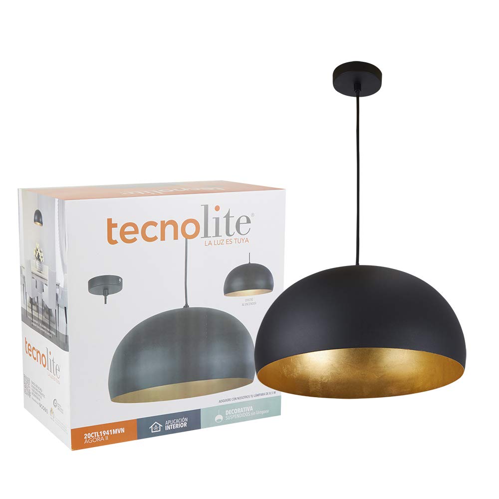 Tecnolite Lámpara Colgante Decorativa, Lampara de Techo para Interior de Casas, Base E27, Modelo 20CTL1941MVN, Terminado: Negro Mate con Interior Dorado, 8.5 Watts