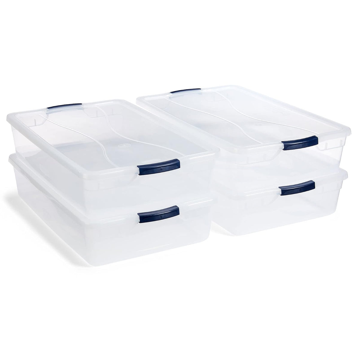 Rubbermaid Cleverstore Contenedor organizador de plástico apilable de 42 cuartos con tapas de cierre para cochera, clóset y aula, transparente, paquete de 4