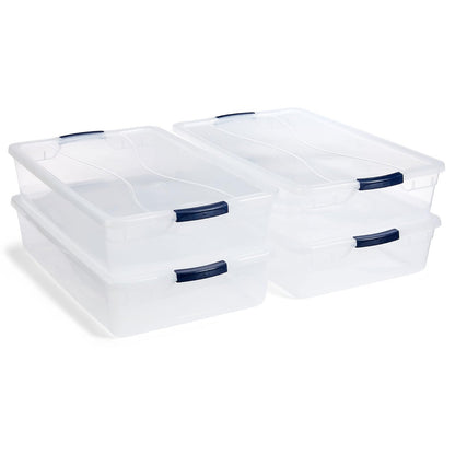 Rubbermaid Cleverstore Contenedor organizador de plástico apilable de 42 cuartos con tapas de cierre para cochera, clóset y aula, transparente, paquete de 4