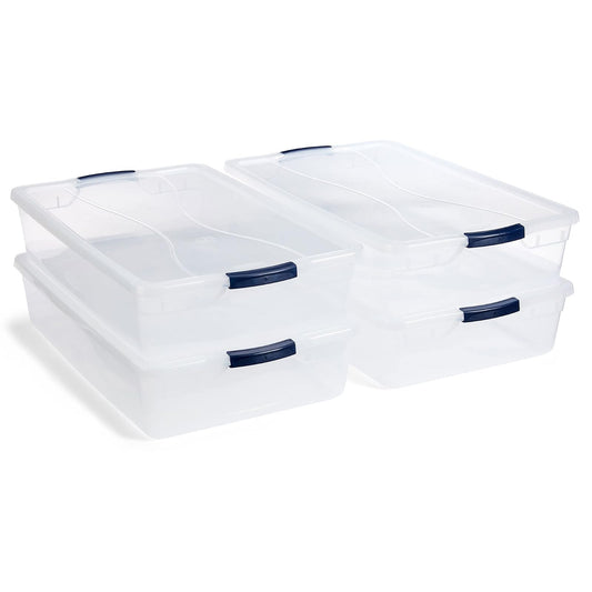 Rubbermaid Cleverstore Contenedor organizador de plástico apilable de 42 cuartos con tapas de cierre para cochera, clóset y aula, transparente, paquete de 4