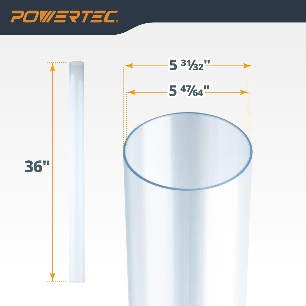POWERTEC Tubo de PVC transparente de 6 x 36 pulgadas de largo, 1 tubo de plástico rígido, compatible con tubo redondo con accesorios de recogida de polvo, manguera para herramientas de carpintería,
