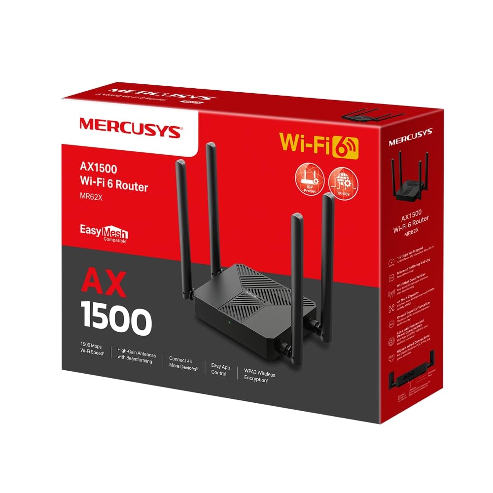 MERCUSYS de TP-Link Router Wi-Fi 6, 802.11ax, AX1500, 3*Puertos Gigabit, 4*Antenas de Alta Ganancia, fácil configuración. MR62X