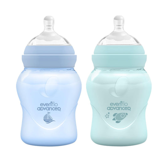 Evenflo Advanced Biberón Anticólicos Avanzado, Cuello Ancho, Azul y Verde Turquesa, Silicón Grado Alimenticio, 150ml, Sistema Doble Válvula, Flujo Lento, para Bebés 0-3 Meses, Paquete de 2 Piezas