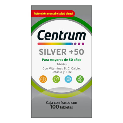 Centrum Multivitamínico Silver +50 con Magnesio, Vitamina C, Calcio, Potasio y Zinc, 100 Tabletas