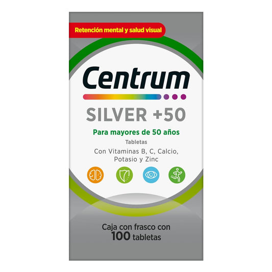 Centrum Multivitamínico Silver +50 con Magnesio, Vitamina C, Calcio, Potasio y Zinc, 100 Tabletas