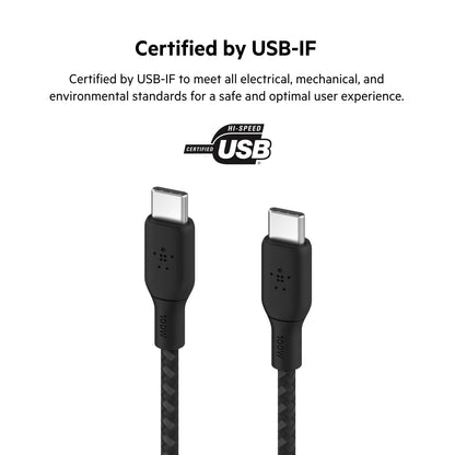 Belkin cable USB tipo C a USB-C, Power Delivery de 100 W, cable USB C con certificación USB-IF 2.0 con exterior de nailon y doble trenzado para iPhone 15, iPad Pro, MacBook, Galaxy y otros, 3 m, negro