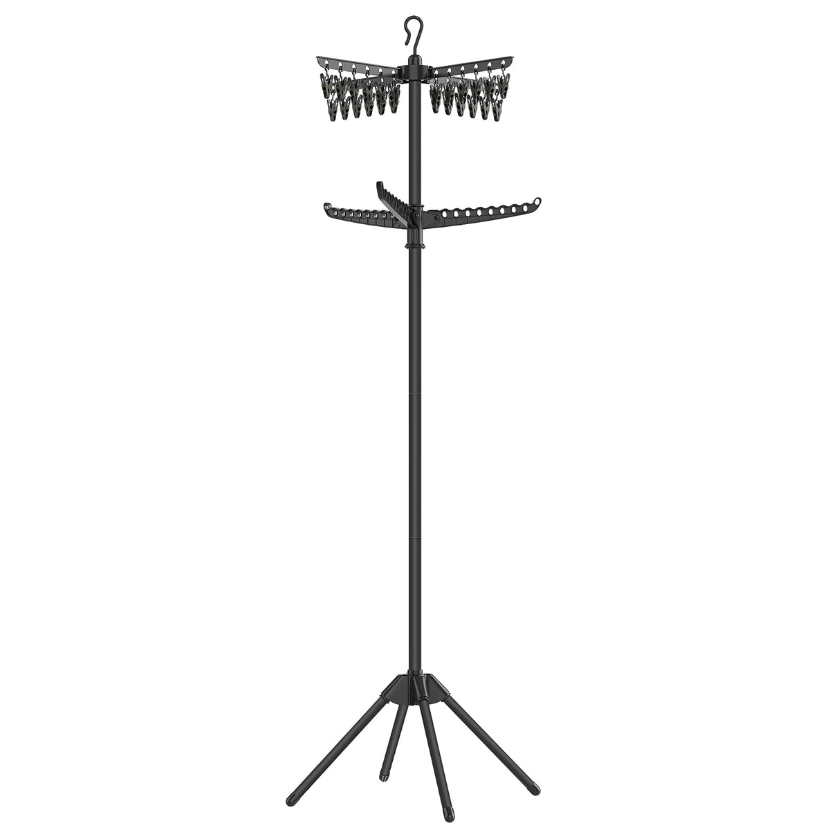 SONGMICS Tendedero de 2 Niveles, Plegable de Interior, 4 Patas | Tendedero con 3 Brazos Giratorios para Perchas, Alto 185 cm, Negro, Colección BUNJI MLLR512B01 - Negro - Clip de 2 niveles