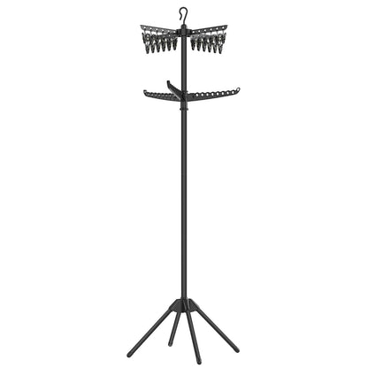 SONGMICS Tendedero de 2 Niveles, Plegable de Interior, 4 Patas | Tendedero con 3 Brazos Giratorios para Perchas, Alto 185 cm, Negro, Colección BUNJI MLLR512B01 - Negro - Clip de 2 niveles