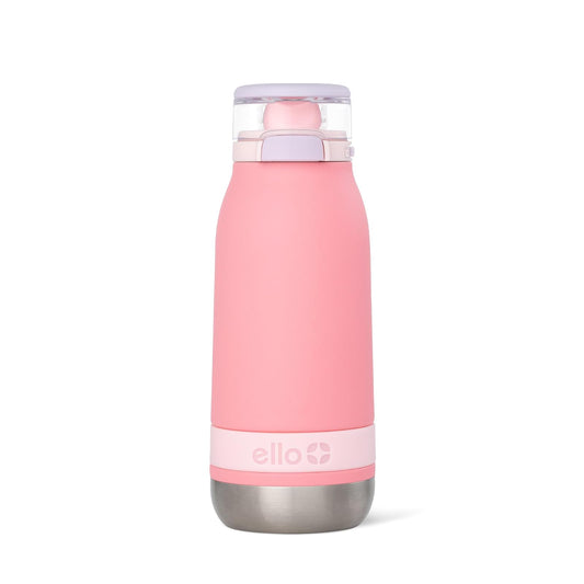 Ello Emma Botella de agua de acero inoxidable aislada al aspiradora de 14 onzas con popote y asa de transporte integrada y tapa de bloqueo a prueba de fugas para mochila escolar, lonchera y deportes