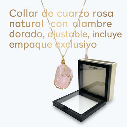 XYPHIELLE Collar de Cuarzo Rosa Natural para Mujer, Dije de la Piedra del Amor Envuelto en Alambre, Joyería Romántica y Femenina, Regalo de Ternura