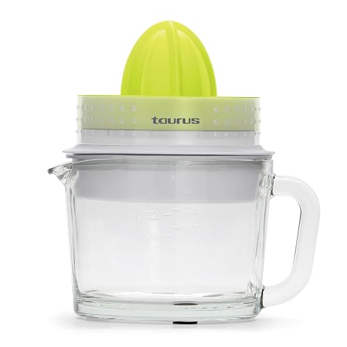 TAURUS CITRIX VER.II | Exprimidor de Cítricos | ÚNICO con Jarra de Vidrio de 1 Litro | Exprimidor de Naranjas | Filtro para Bagazo de 3 niveles | Doble Sentido de Giro | Almacenaje Compacto |Verde
