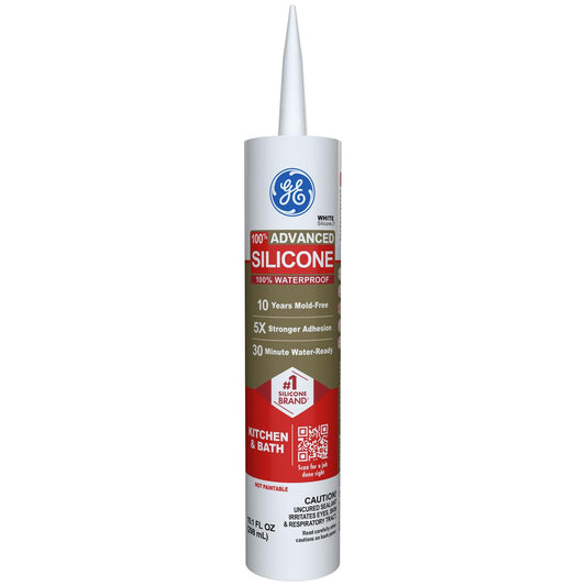 GE Advanced - Calafateo de silicona para cocina y baño, blanco, cartucho de 10 fl oz (10 fl oz), 1 paquete – sellador de silicona 100% impermeable, 5 veces más fuerte, a prueba de encogimiento y