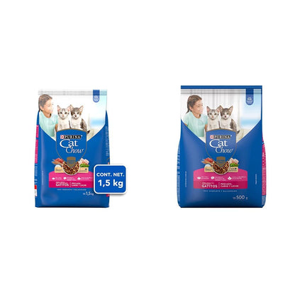 Purina Cat Chow Gatitos 1 a 12 Meses 1.5 Kg, 1 Count + Cat Chow Defense Plus Alimento seco para Gatitos Sabor Pescado, Carne y Leche, Bulto de 500g