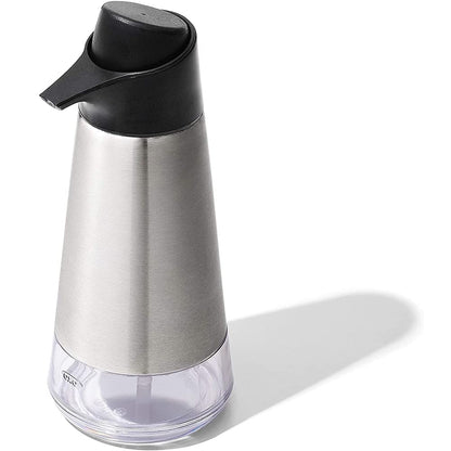 OXO Easy Press Stainless Steel Soap Dispenser | Capacidad de 15 onzas, prensa con una sola mano, resistente a las huellas dactilares, ideal para cocina y baño