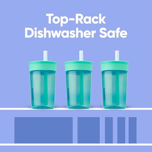 Owala - Vaso de plástico sin BPA para niños con popote flexible resistente a derrames, fácil de limpiar, botella de agua para niños, ideal para viajes, apto para lavaplatos, 15 onzas, verde azulado y