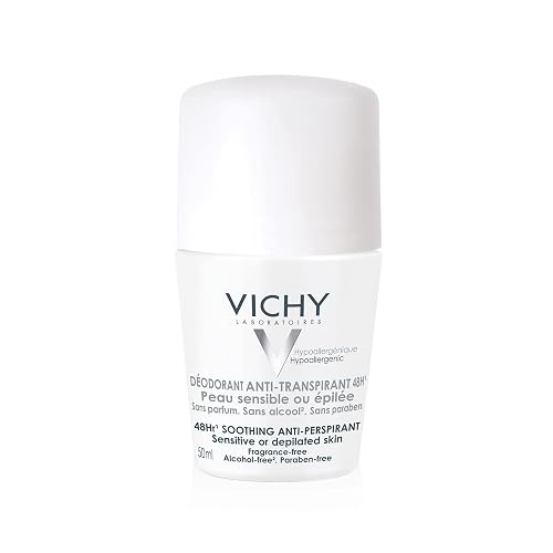 Vichy DEOS Desodorante Anti-transpirante Calmante Roll-On 48H para Piel Muy Sensible o Depilada, Fórmula Hipoalergénica sin Alcohol ni Perfume, Cuidado Anti-Irritación, 50 ml