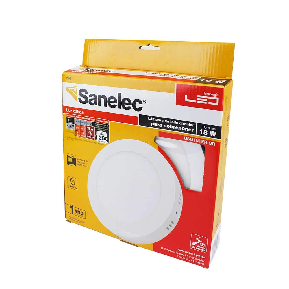 SANELEC, Luminario de LED para Techo, Lámpara Circular para Sobreponer, 18 W, Luz Cálida, Modelo 1293
