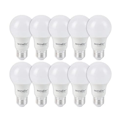 Tecnolite - Paquete de 10 Focos LED A19 8.5 Watts, 800 Lumens, 6500 K Luz de Día, Ahorrador de Energía, Base E27, No atenuables