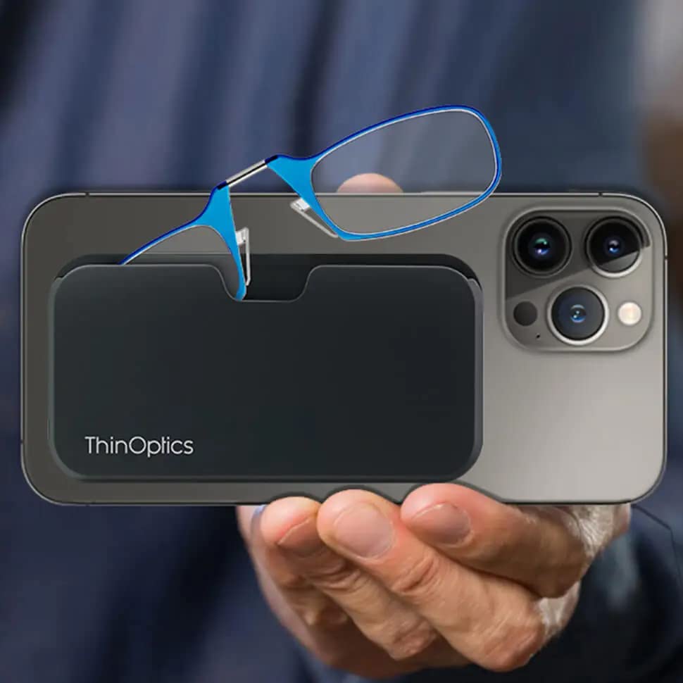 ThinOPTICS Reading Glasses on your Phone, Universal Pod Black Case , +1.50 Blue Glasses