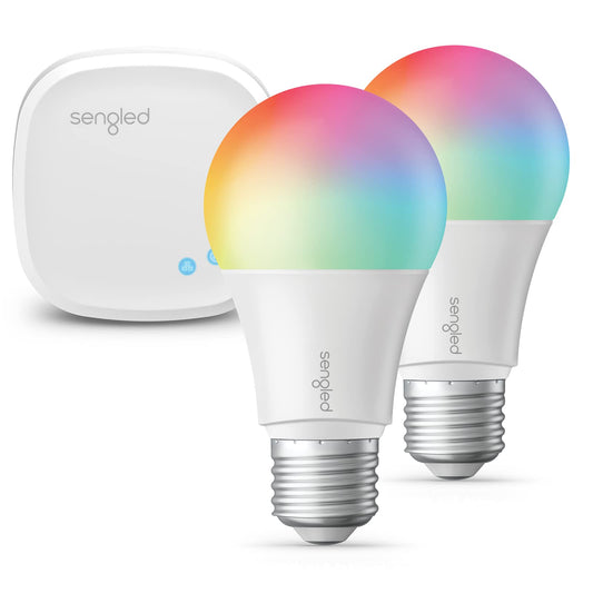 Element Color Plus by Sengled - Kit de iniciación (2 bombillas A19 + casquillo) 16 millones de colores/blanco (2000-6500 K), LED inteligente, funciona con Alexa & Google Assistant, 2 Pa