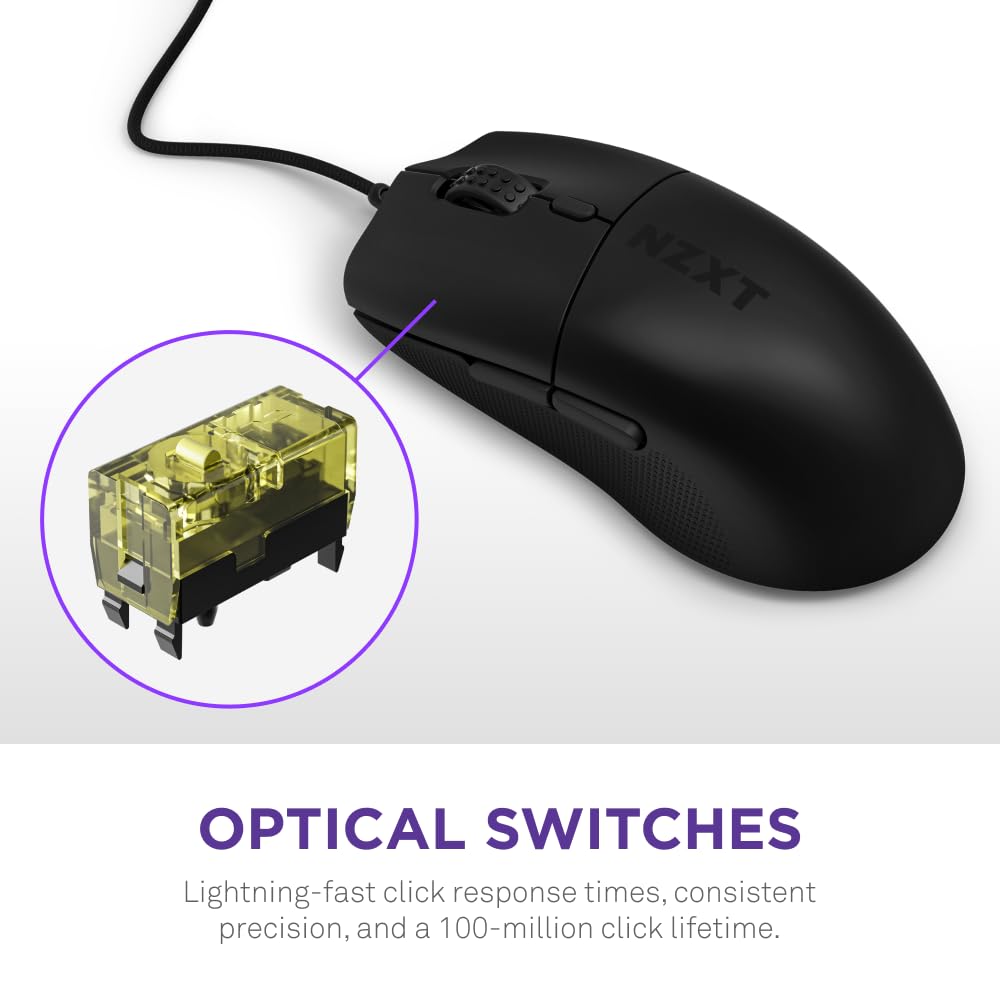 NZXT Lift 2 Ergo | Ratón para Juegos con Cable Ligero y ergonómico | Diseño Ligero de 61 g | Tasa de sondeo de 8K | Interruptores ópticos | Sensor óptico PPP de 26K | Pies de PTFE 100% | Negro