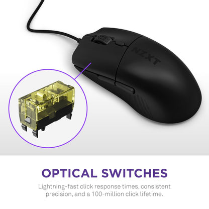 NZXT Lift 2 Ergo | Ratón para Juegos con Cable Ligero y ergonómico | Diseño Ligero de 61 g | Tasa de sondeo de 8K | Interruptores ópticos | Sensor óptico PPP de 26K | Pies de PTFE 100% | Negro