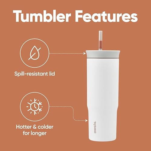 Owala - Vaso térmico de viaje de acero inoxidable de triple capa con tapa antiderrame y popote, libre de BPA, 710 ml, gris/blanco (Iced Tea)