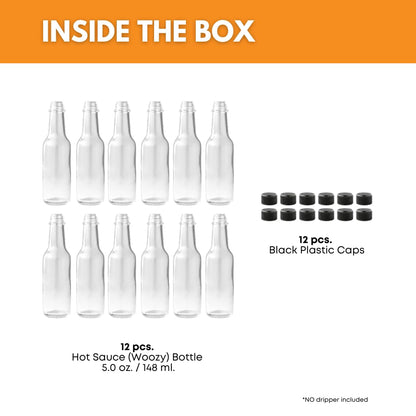 FastRack - Botellas de salsa picante Woozy de 5 onzas, paquete de 12 con tapas de plástico negro, botellas pequeñas vacías, botellas de vidrio transparente con tapa a prueba de fugas, sin gotero