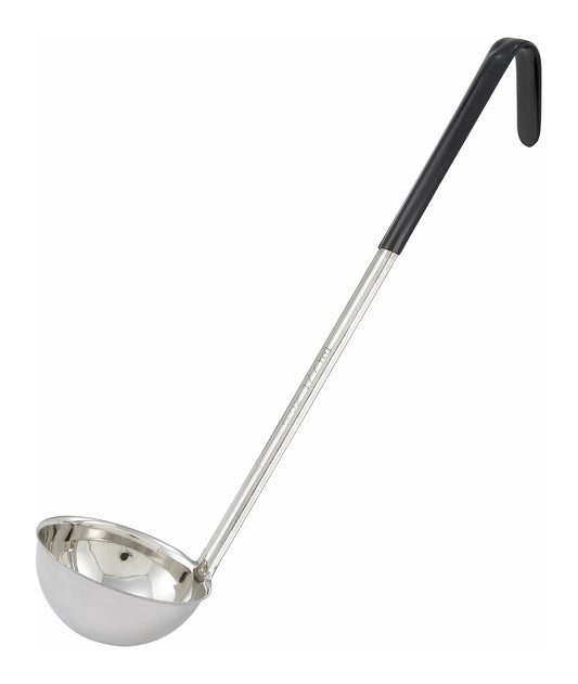 Winco Cucharón de acero inoxidable con mango negro, 6 onzas, mediano