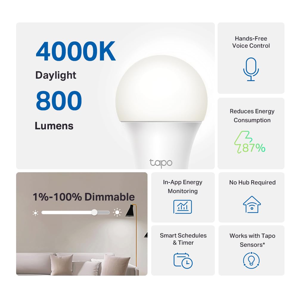 Tapo TP-Link - Bombillas inteligentes - Luz natural de día, regulable, compatible con Alexa y Google Home, foco A60/base E27, equivalente a 60 W, CRI>90 800 lm, WiFi de 2.4 GHz, no requiere
