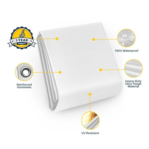 Seal Skin Covers Lona Impermeable Reforzada de 10x20 Pies, 16 Mil, 8 OZ, 160 gsm de Espesor, Color Blanco, con Ojales Antióxido, Cubierta Resistente a Desgarros con Bordes Reforzados para Camping