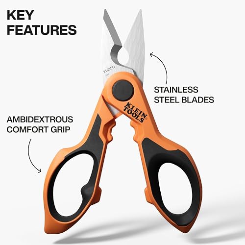 KLEIN TOOLS 2100FO | Tijeras De Electricista | Pelacables | Corte De Cables | Corta y pela cables con tijeras compactas de 6 pulgadas, hoja dentada y acero inoxidable para trabajo eléctrico.
