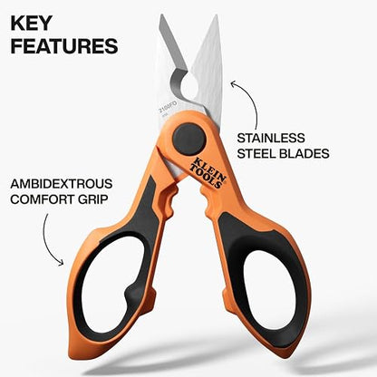 KLEIN TOOLS 2100FO | Tijeras De Electricista | Pelacables | Corte De Cables | Corta y pela cables con tijeras compactas de 6 pulgadas, hoja dentada y acero inoxidable para trabajo eléctrico.