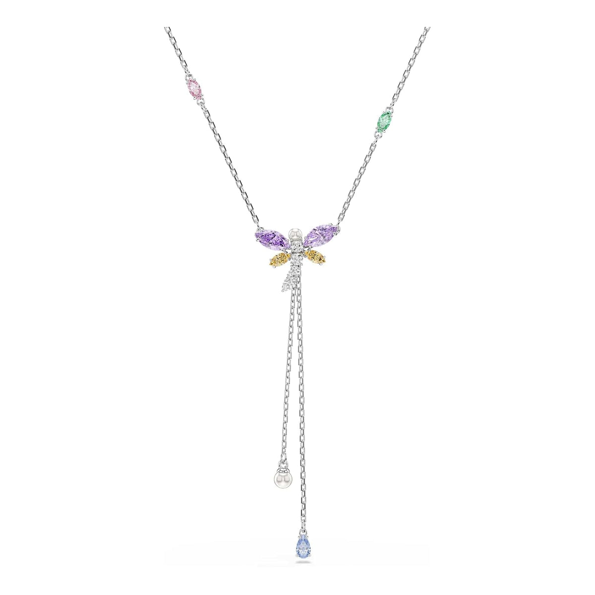 Swarovski x Ariana Grande Colección Oficial de Libélula Motif Jewelry Collection, Broche, Collar con colgante, arete, piedras multicolores de corte mixto, acabado rodio