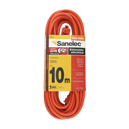 SANELEC, Extensión Eléctrica, Uso Rudo, Corriente 10 A, Calibre 16 AWG, 10 metros, Color Naranja, Modelo 2410