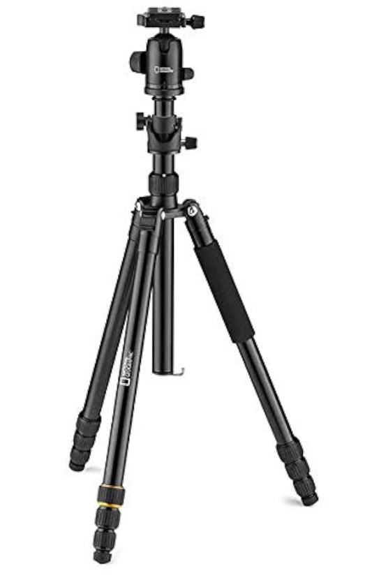 National Geographic - Juego de trípode de Viaje, Columna de 90°, 4 Secciones, Aluminio Ligero, Compatible con Canon, Nikon, Sony DSLR, Cabezal de Bola de 360 Grados, Placa de liberación rápida,