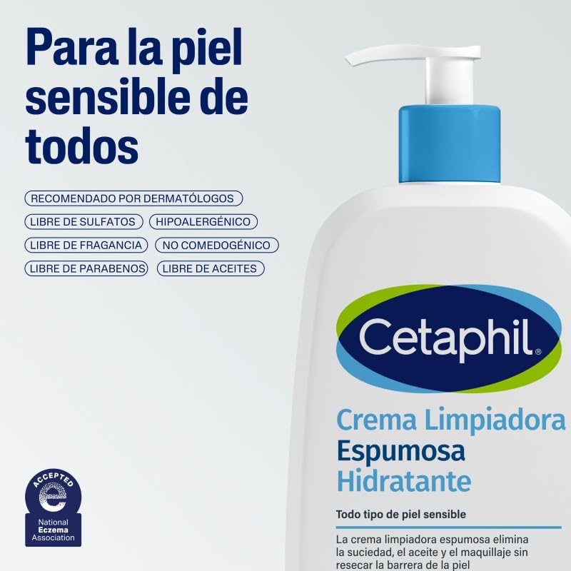 Cetaphil Crema Limpiadora Espumosa Hidratante Facial Rostro Sensible 473 ml | Con niacinamida B3, pantenol, glicerina, aloe vera y aminoácidos; limpia sin resecar, mantiene barrera, pH y microbioma sano.