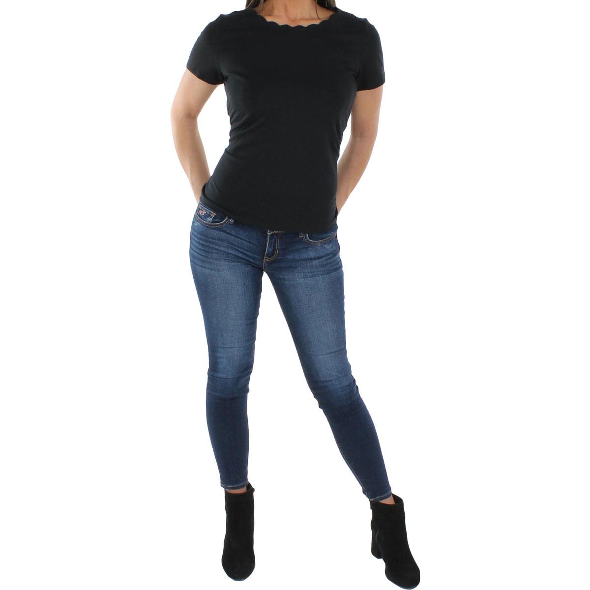 Anne Klein Camiseta de algodón de Manga Corta con Cuello Festoneado Camiseta para Mujer