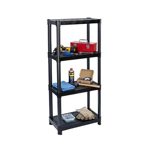 Italhome Rack de Plástico 4 Niveles, Estante Organizador Multiusos para Cocina, Garaje u Oficina, Resistente hasta 100 kg, Ahorro de Espacio, Color Negro