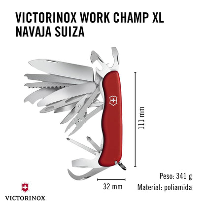 Victorinox Work Champ, Color Rojo, 111 mm, 31 Usos | Cuchillo de bolsillo grande con sierra para madera, sierra para metales, pinza y tijeras para acampar y bricolaje, 111 mm