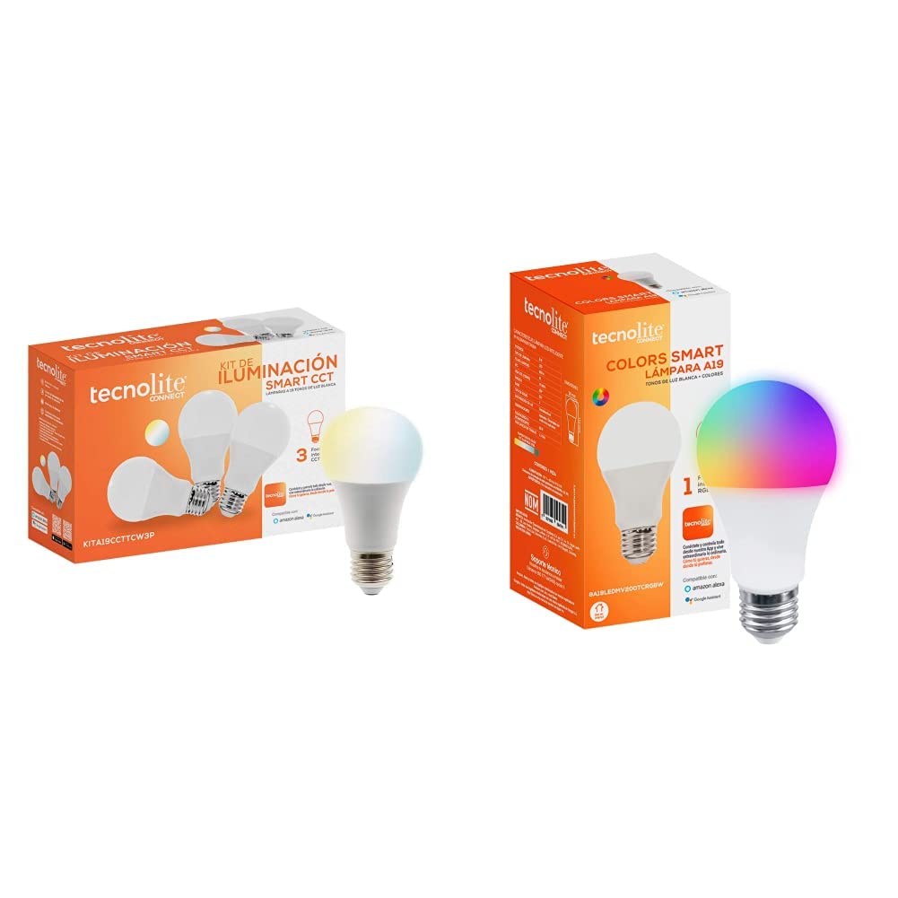 Kit de 3 focos LED Inteligentes,Tecnolite KIT GLOW SMART, CCT Atenuble + Foco Inteligente LED, COLORS SMART, 8 W, Base E27, Luz de Colores, Compatible con Connect App Compatible con Alexa